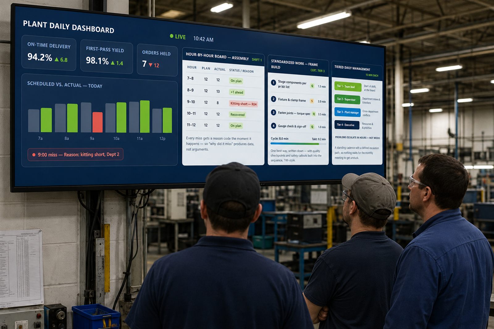 Plant floor team reviewing the live Plant Daily Dashboard on a wall-mounted screen